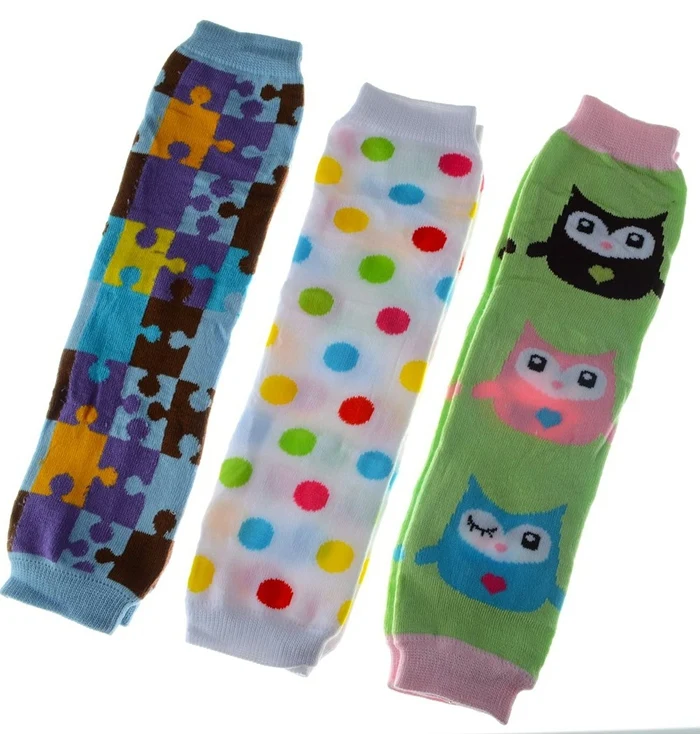 

Set of 3 leg warmers polka dot Colorful Owl Puzzle Baby Legs Warms /Leggings baby crawling knee baby girl tights