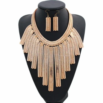 

CirGen Fashion Choker Women Chunky Gold Color Snake Chain Tassel Pendant Statement Collar Necklace Earring Jewelry Set Item,E18