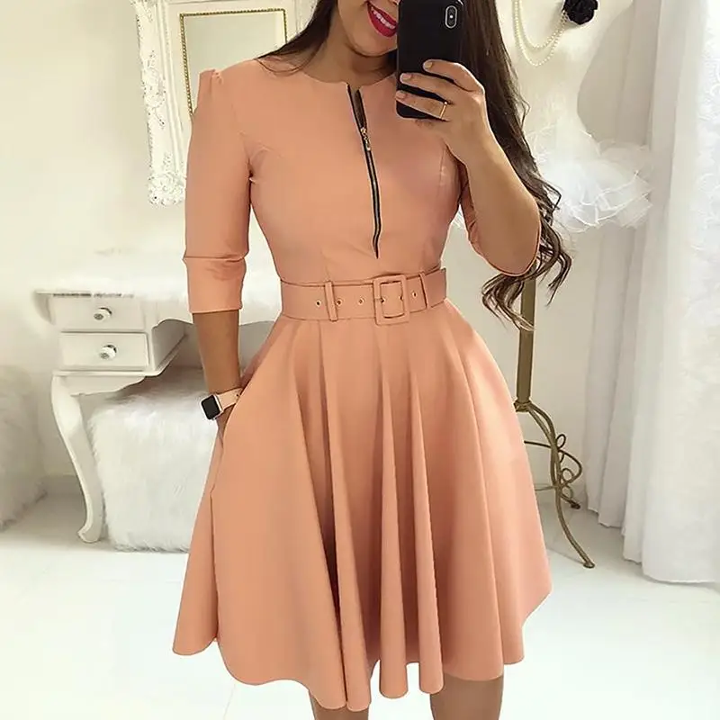 Women Fall Half Sleeve Elegant Tunic Party Dress Female O Neck Solid Zipper Belted Pleated Casual Office Dress Vestidos mujer
Women Fall Half Sleeve Elegant Tunic Party Dress Female O Neck Solid Zipper Belted Pleated Casual Office Dress Vestidos mujer
