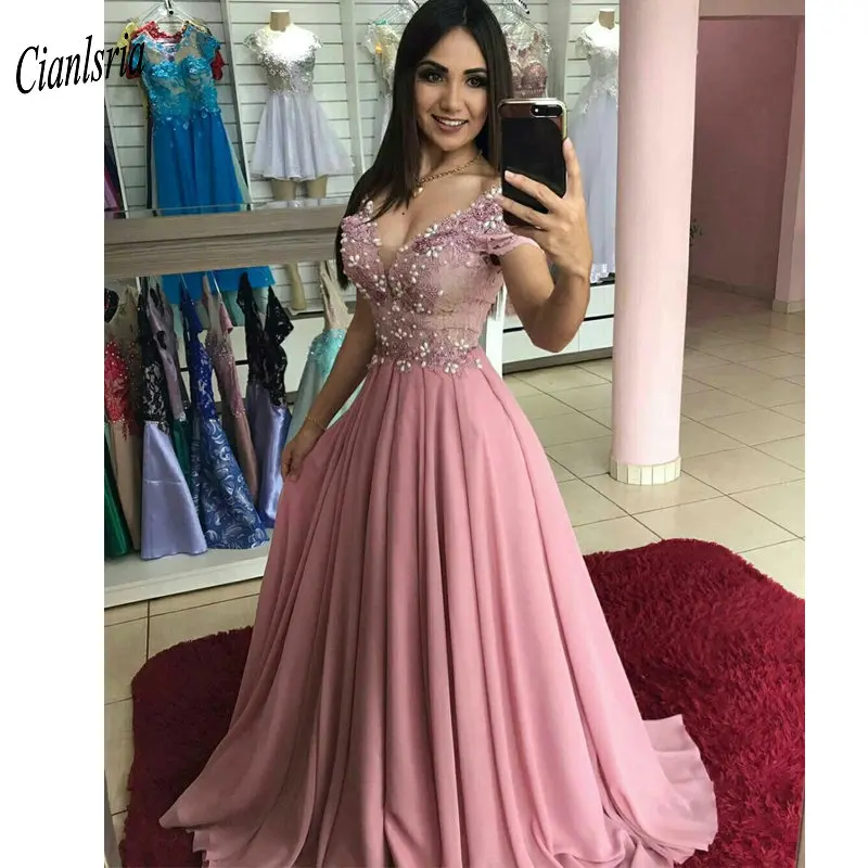 Blush Pink V-Neck Off the Shoulder Long Evening Dress Appliques Pearls Formal Evening Party Gown vestidos de fiesta de noche 
Blush Pink V-Neck Off the Shoulder Long Evening Dress Appliques Pearls Formal Evening Party Gown vestidos de fiesta de noche