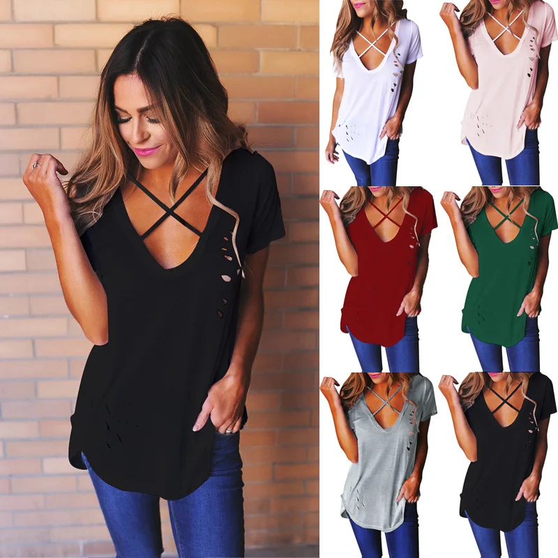 T shirt women 2019 new arrival v-neck bind firing hollow out hole pure color short sleeve T-shirt vestidos LX1127
T shirt women 2019 new arrival v-neck bind firing hollow out hole pure color short sleeve T-shirt vestidos LX1127