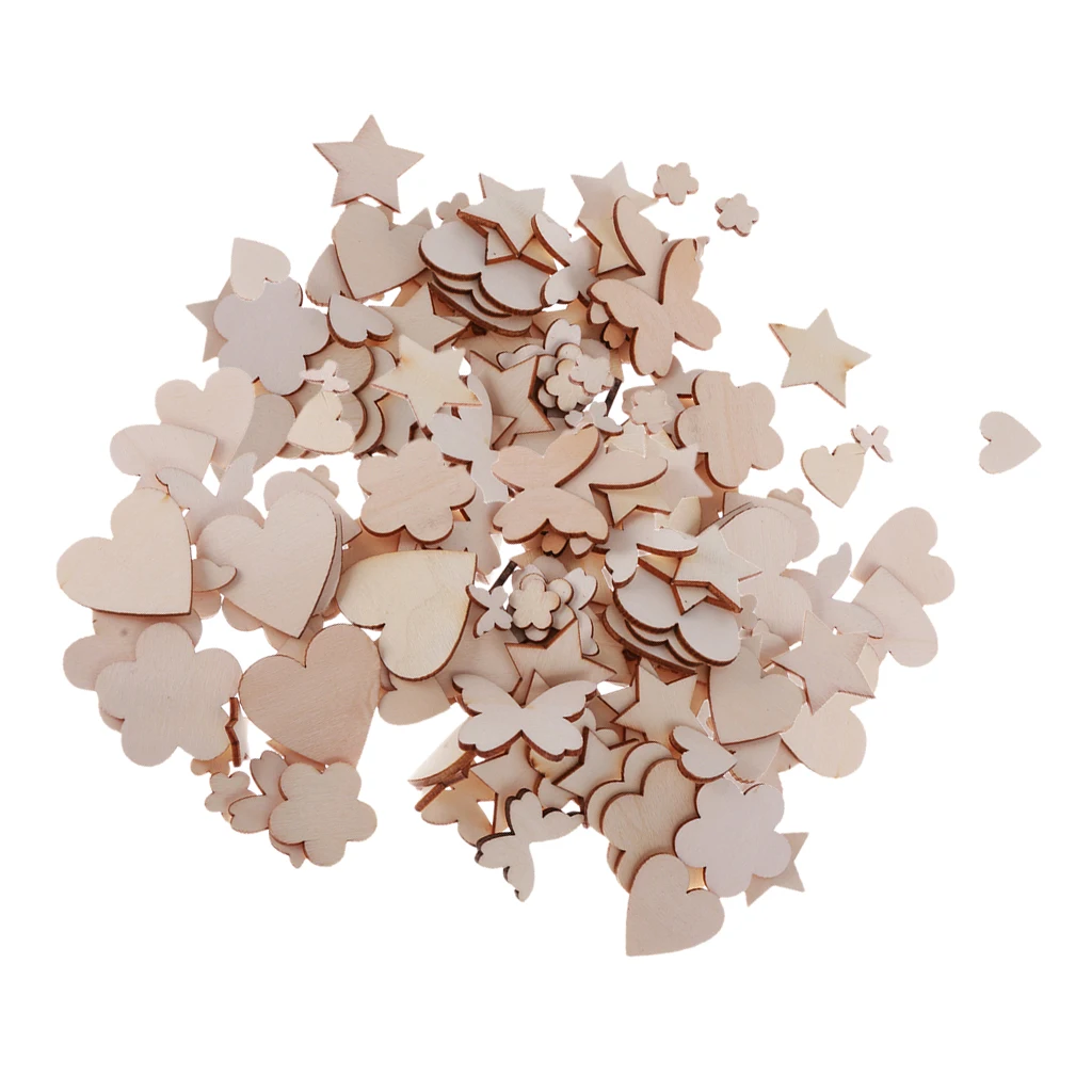 200pcs Assorted Shapes Natural Wooden Craft Embellishments MDF Wood Cutout Scrapbooking for DIY Art Wedding Decoration