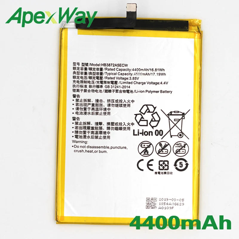 ApexWay 2PCS/lot HB3872A5ECW 4400mAh Phone battery for Huawei Honor Note 8 / V8 Max / EDI-DL00 / EDI-AL10
ApexWay 2PCS/lot HB3872A5ECW 4400mAh Phone battery for Huawei Honor Note 8 / V8 Max / EDI-DL00 / EDI-AL10