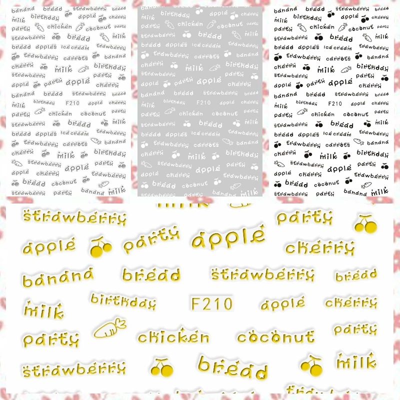 1 Sheet 3D Fruit English Name Letter Banana Bread Word Design Adhesive Nail Art Stickers Decorations DIY Salon Tips F210#
1 Sheet 3D Fruit English Name Letter Banana Bread Word Design Adhesive Nail Art Stickers Decorations DIY Salon Tips F210#
