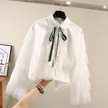 New Korean Long-sleeved Shirt for Spring Women Fahsion Layers of Lotus-leaf-side Sleeve Lace Bow-knot Blouse Blusas Lady Tops