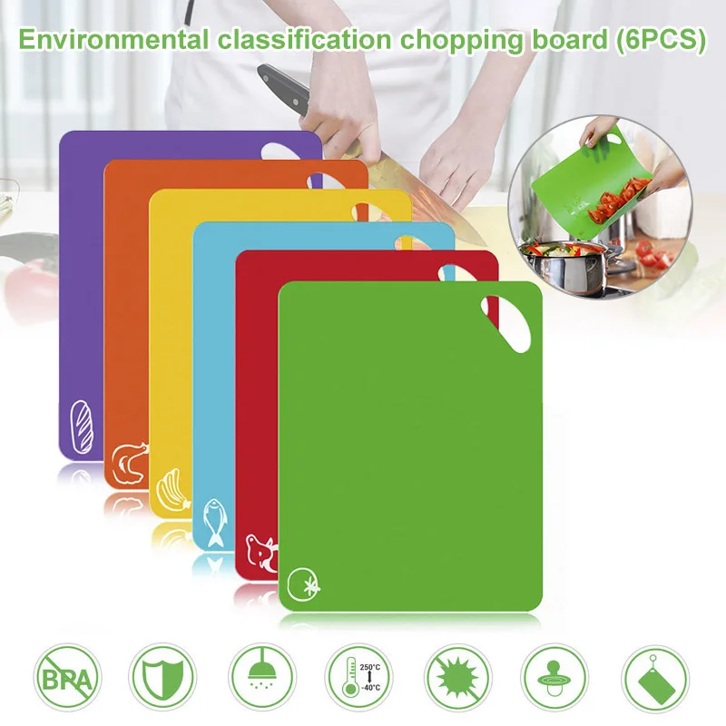 6 Pcs Flexible Plastic Cutting Board Mats Set Colored Kitchen Mats with Food Icons Easy Grip Handles HTQ99
6 Pcs Flexible Plastic Cutting Board Mats Set Colored Kitchen Mats with Food Icons Easy Grip Handles HTQ99