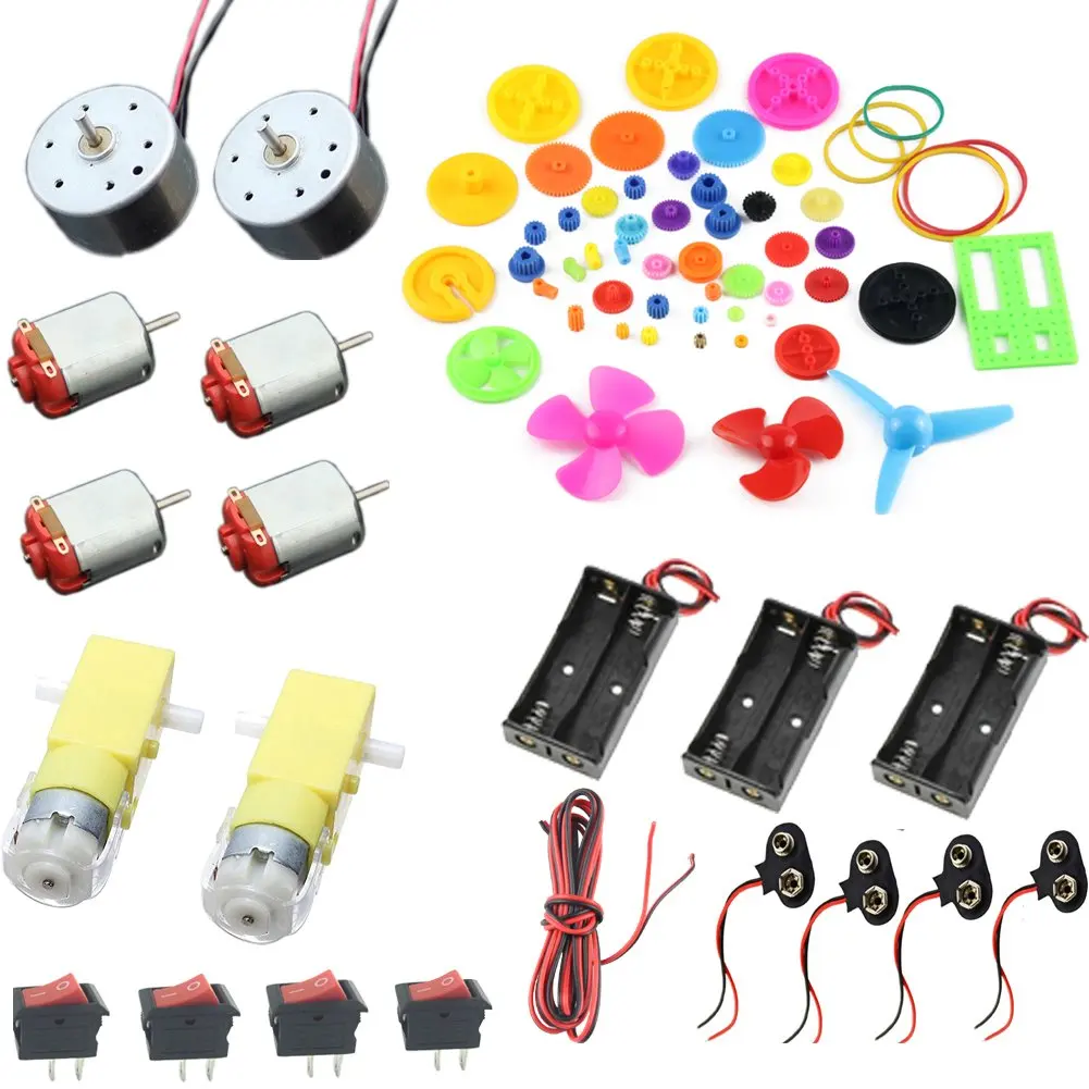 Homemade DIY Project Kits: DC Motors,Gears,propellers,AA Battery case, Cables,on/Off Switch,9V Battery Clip
Homemade DIY Project Kits: DC Motors,Gears,propellers,AA Battery case, Cables,on/Off Switch,9V Battery Clip