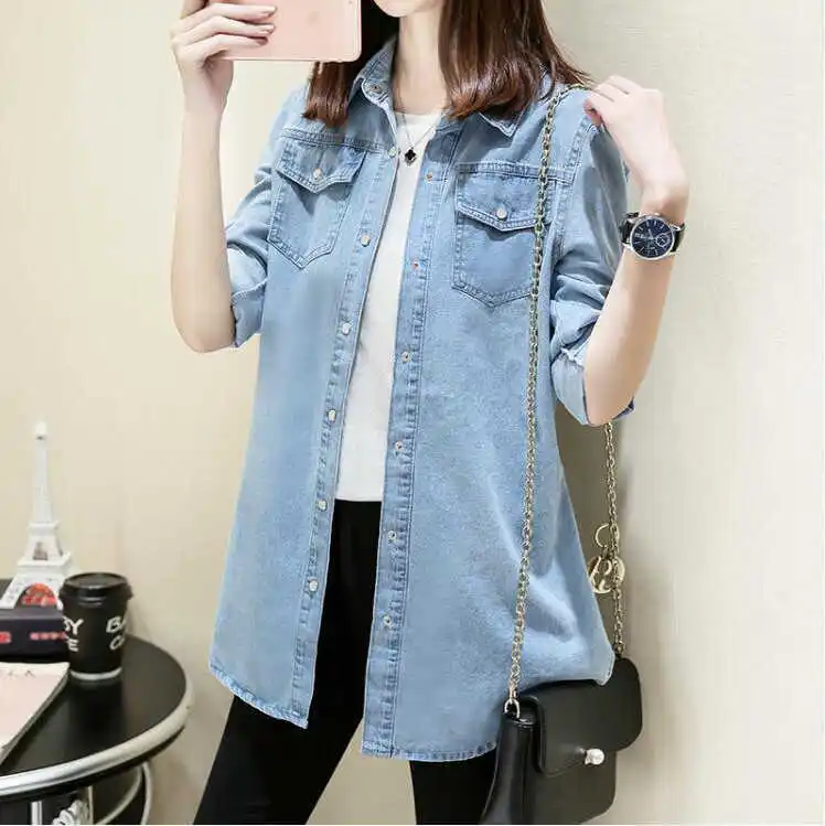 #0137 Spring Autumn Denim Shirt Women Fashion Jeans Shirt Cotton Long Sleeve Korean Slim Blouses Jeans Ladies Lapel Collar
#0137 Spring Autumn Denim Shirt Women Fashion Jeans Shirt Cotton Long Sleeve Korean Slim Blouses Jeans Ladies Lapel Collar
