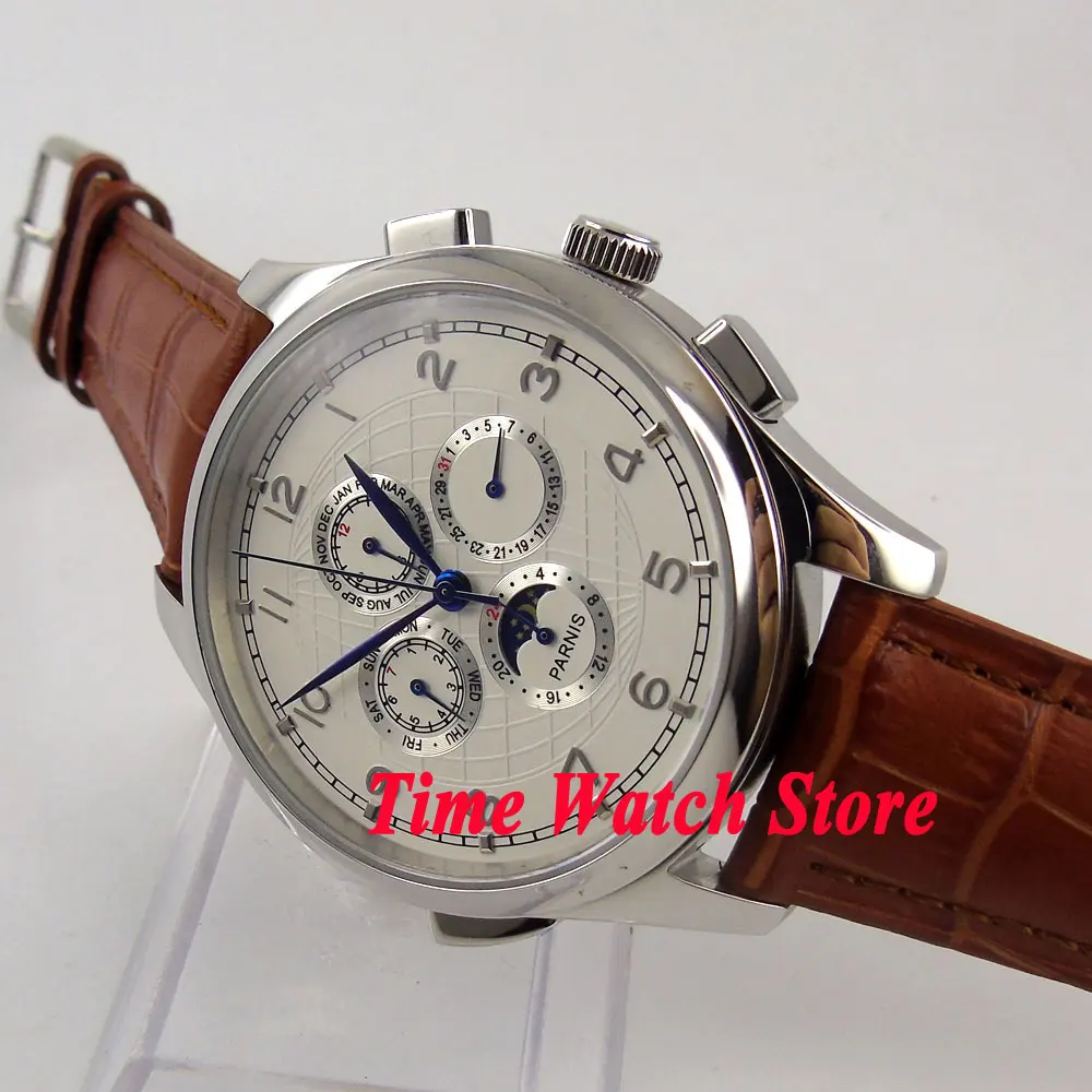 

Parnis 44mm Multifunction Automatic men's watch Moon phase Date Week display White dial blue hands brown leather strap 334