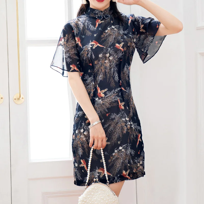 New Fashion 2019 Summer Office Lady Cheongsam Dress Elegant Short Sleeve Mandarin Collar Slim Womne's Chiffon Print Dress
New Fashion 2019 Summer Office Lady Cheongsam Dress Elegant Short Sleeve Mandarin Collar Slim Womne's Chiffon Print Dress