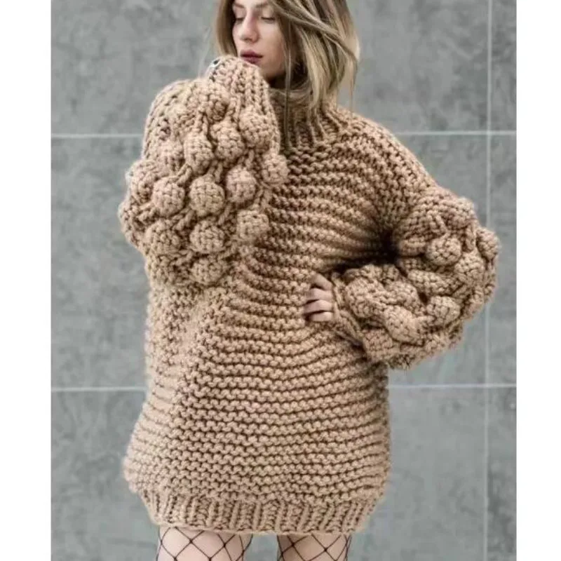 Lazy handmade knitted Pullover 3D Flower Hook Sweater Coarse wool Women Half turtleneck Rough wool 3D Yarn Balls Lantern Sleeved
Lazy handmade knitted Pullover 3D Flower Hook Sweater Coarse wool Women Half turtleneck Rough wool 3D Yarn Balls Lantern Sleeved