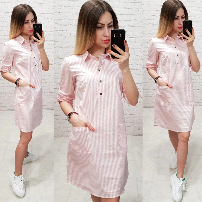 Striped Dress 2019 New Fashion Women Summer Casual Pocket Straight Dress Loose Button Turn-down Collar Short Pink Blue Dress 
Striped Dress 2019 New Fashion Women Summer Casual Pocket Straight Dress Loose Button Turn-down Collar Short Pink Blue Dress
