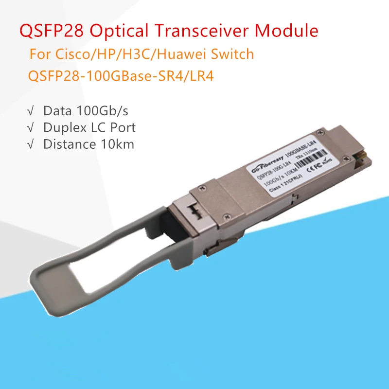 QSFP28 100Gbps Optic Transceiver Module QSFP28 100GBASE-LR4 Single mode 1310nm 10km QSFP28 Fiber Optic Module For Cisco/Huawei
QSFP28 100Gbps Optic Transceiver Module QSFP28 100GBASE-LR4 Single mode 1310nm 10km QSFP28 Fiber Optic Module For Cisco/Huawei
