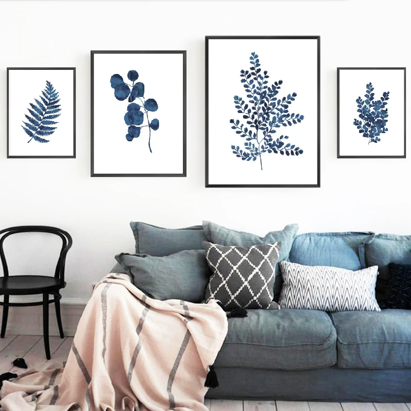 

Fern Posters and Prints Watercolor Ink Blue Indigo Leaf Canvas Painting Botanical illustration Maidenhair Home Wall Art Decor