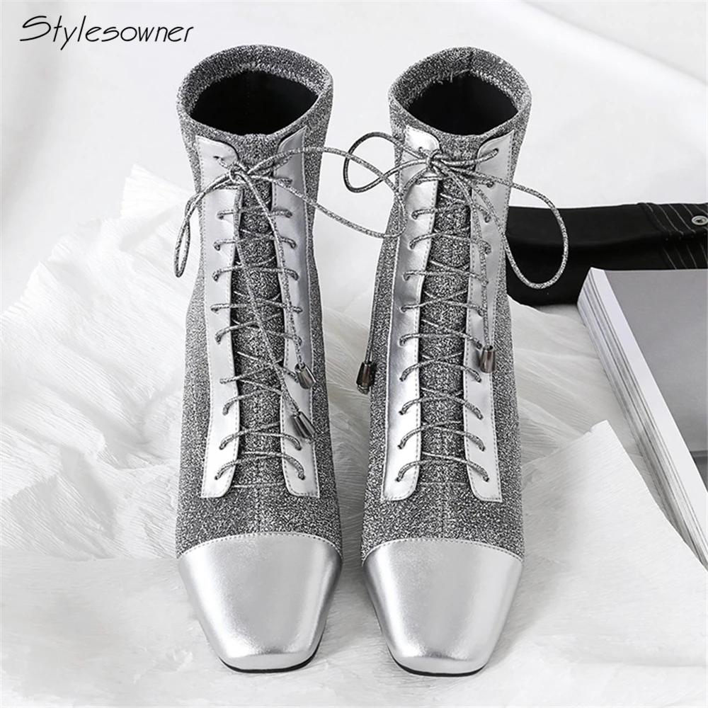 Stylesowner Sexy Bling Brand Design Ankle Boots Cross Tied Square Toe Short Botas Mujer Thick High Heel Patchwork Women Boots
Stylesowner Sexy Bling Brand Design Ankle Boots Cross Tied Square Toe Short Botas Mujer Thick High Heel Patchwork Women Boots