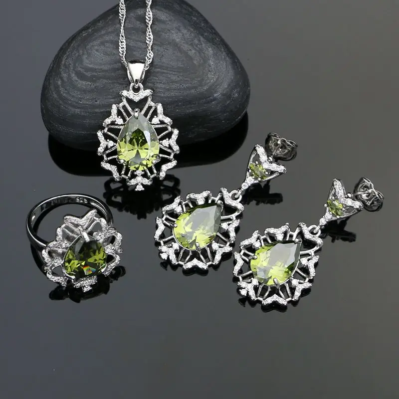 Silver 925 Jewelry Sets For Women Olive Green Cubic Zirconia White Crystal Water Drop Earrings Ring Necklace Pendant Set
Silver 925 Jewelry Sets For Women Olive Green Cubic Zirconia White Crystal Water Drop Earrings Ring Necklace Pendant Set