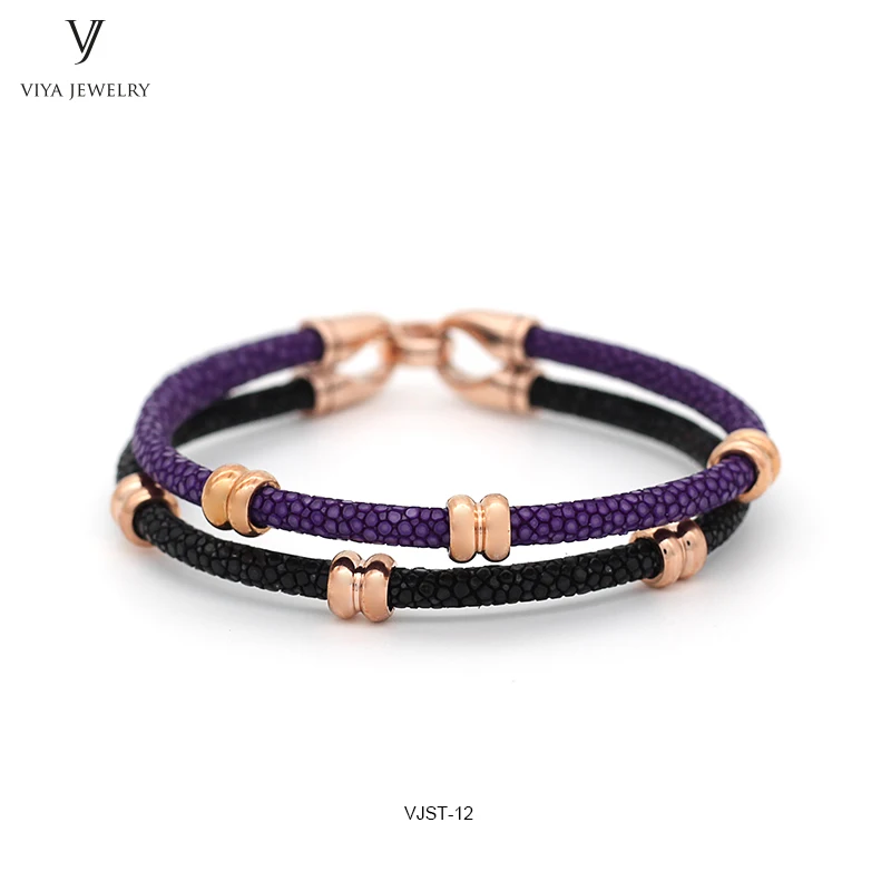 Unique Mixed Color Design purple & black stingray Leather Strap 316L Stainless Steel Bracelet Fashion Two Colors Mixed Stingray Leather Bracelet (7)