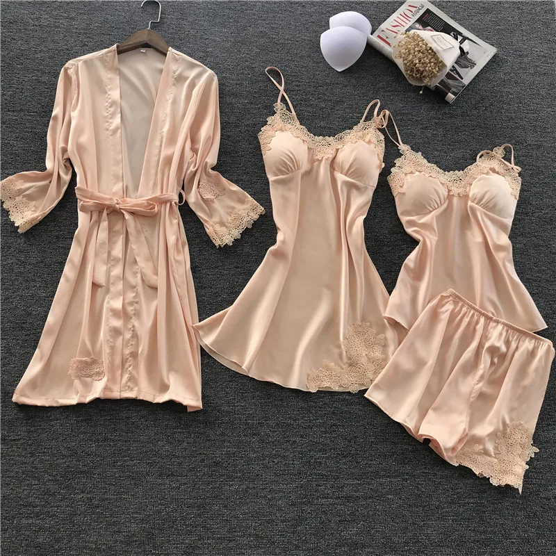 4 Pieces ladies Sexy Silk Satin Robe Set Sleepwear Sets Robe+Nightdress+Top+Pant Flower Embroidery Nightwear Homewear For Women
4 Pieces ladies Sexy Silk Satin Robe Set Sleepwear Sets Robe+Nightdress+Top+Pant Flower Embroidery Nightwear Homewear For Women