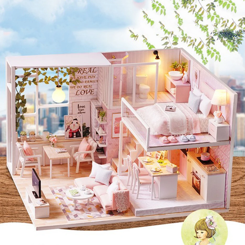 1/24 DIY Miniature Pink Duplex Apartment Dollhouse Kits with Furniture Model, for Ages 6+ 1/24 DIY Miniature Pink Duplex Apartment Dollhouse Kits with Furniture Model, for Ages 6+
