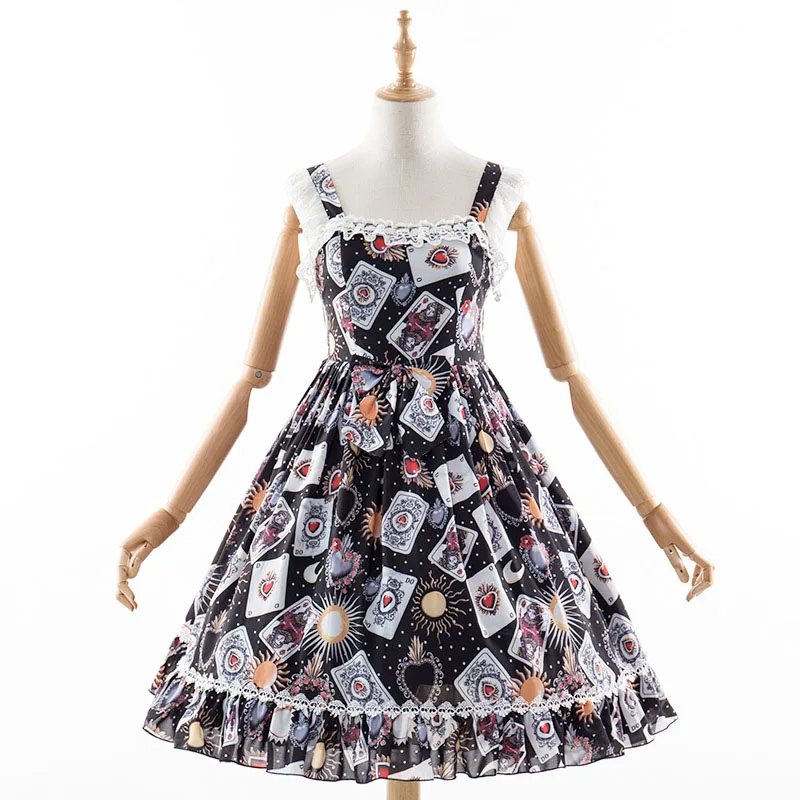 Summer Teen Girls Lolita Strap Dress Magic Poker Playing Cards Printed Midi-Length Sling Dress Shirring Lace Dress For Women
Summer Teen Girls Lolita Strap Dress Magic Poker Playing Cards Printed Midi-Length Sling Dress Shirring Lace Dress For Women