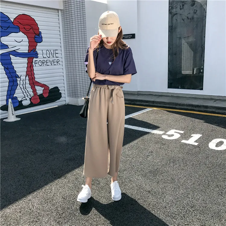Plus Size - Casual Elastic Waist Loose Wide Leg Pants Preppy Style Trousers Female Palazzo Pants (Us 18W-20W)