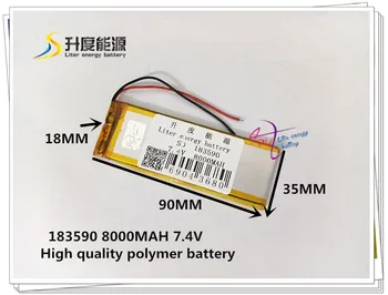 7.4V 8000mAH 183590 (polymer lithium ion battery) Li-ion battery for power bank mp4 cell phone speaker E-BOOK GPS 
7.4V 8000mAH 183590 (polymer lithium ion battery) Li-ion battery for power bank mp4 cell phone speaker E-BOOK GPS