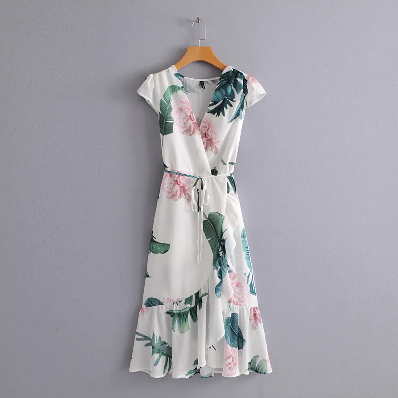 2018 Summer Print Dress New Pattern V Neck Sexy Wrap Sashes Palm Leaves Chiffon Women Asymmetrial Trumpet Party Dress
2018 Summer Print Dress New Pattern V Neck Sexy Wrap Sashes Palm Leaves Chiffon Women Asymmetrial Trumpet Party Dress
