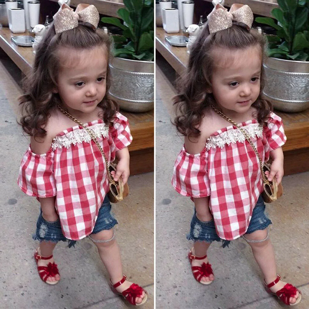 2018 New Toddler Baby Girls Summer Cute Casual 2PCS Off Shoulder Lace Floral Red Plaid T-Shirts Tops Denim Hole Shorts 1-6Y
2018 New Toddler Baby Girls Summer Cute Casual 2PCS Off Shoulder Lace Floral Red Plaid T-Shirts Tops Denim Hole Shorts 1-6Y