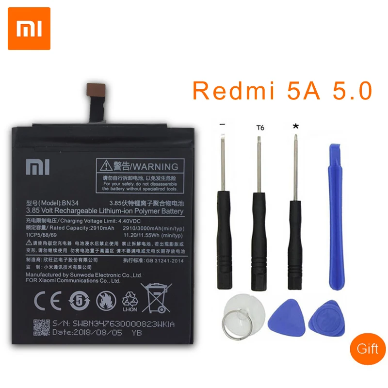Original Xiaomi BN34 Phone Battery For Xiaomi Redmi 5A 5.0" Replacement Battery 2910mAh High Capacity Phone Batteries+Tools
Original Xiaomi BN34 Phone Battery For Xiaomi Redmi 5A 5.0" Replacement Battery 2910mAh High Capacity Phone Batteries+Tools