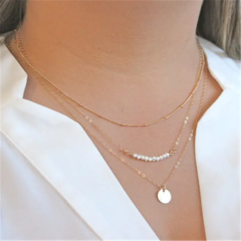 Модные многослойные ожерелья золотистое/серебряное круглое жемчужное ожерелье
