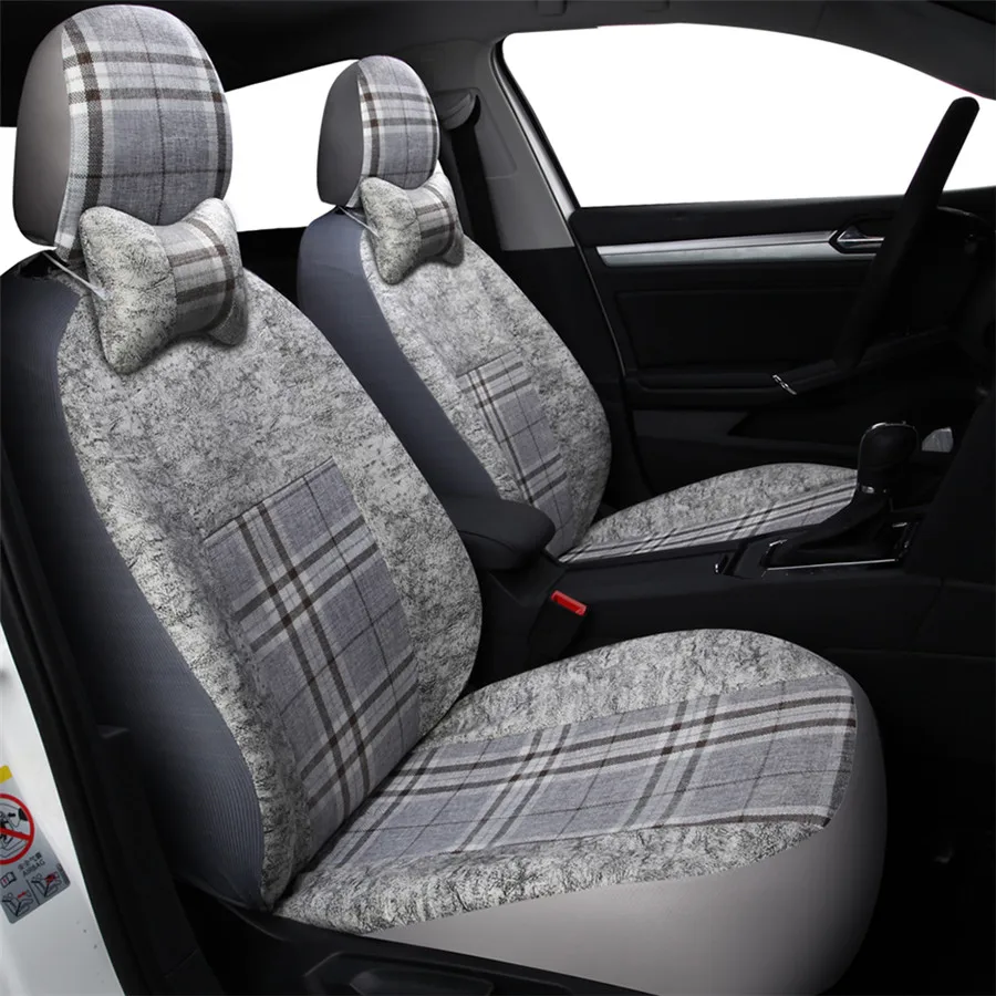 

Universal Car 5 Seats Cover Gray Lattice Rural Style Flax Fabrics Seat Cushions For Sedan SUV Four Seasons