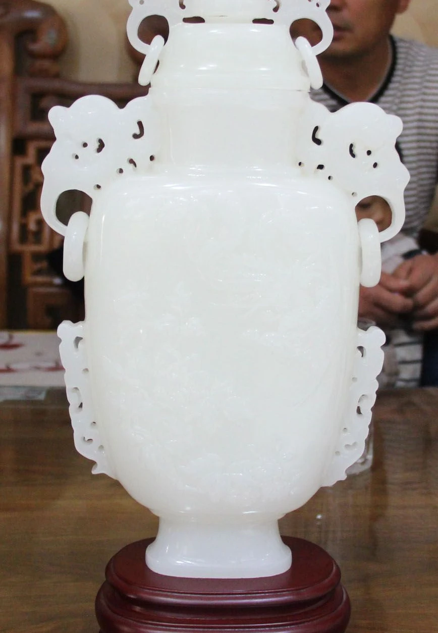 16" China 100% Natural White Jade Carving Tree Peony Phoenix Flower Vase Bottle
16" China 100% Natural White Jade Carving Tree Peony Phoenix Flower Vase Bottle