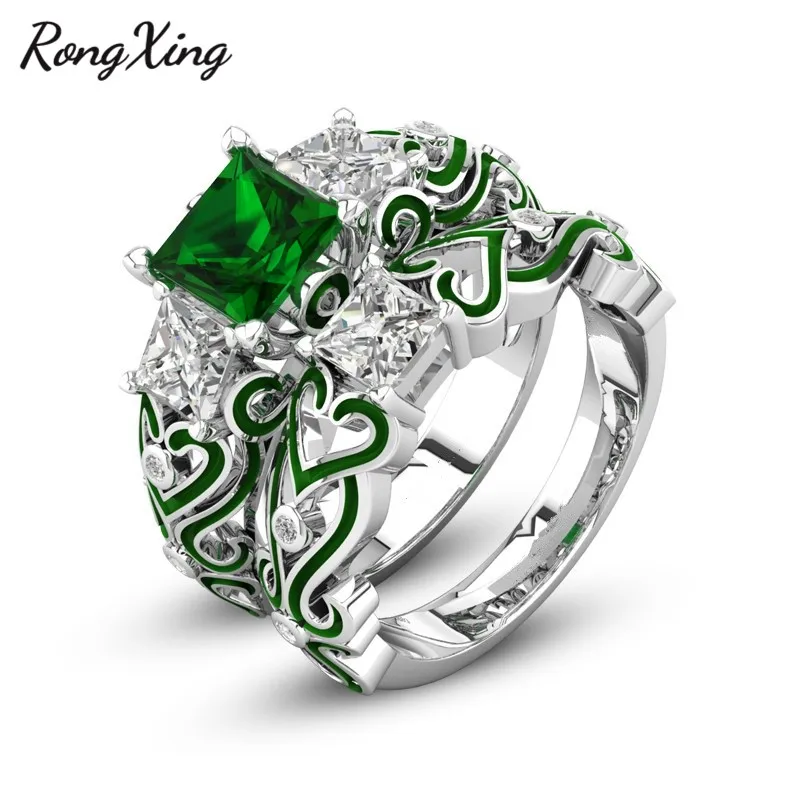 RongXing Elegant Square Green Crystal May Birthstone Rings For Women White Gold Zircon Ring Set Wedding Jewelry Engagement Gift | Украшения