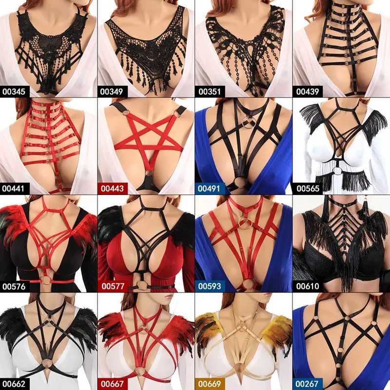 

Body Harness Lace Sheer Caged Bra Strappy Crop Tops Hollow Out Chest Belt Sexy Black Gothic Plus Size Lingerie Dance Rave Wear