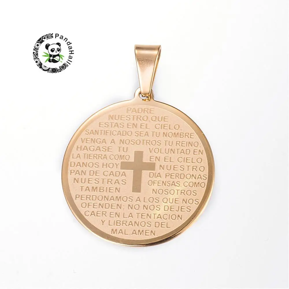 304 Stainless Steel Pendants Flat Round with Word Lord Prayer Padre Nuestro Cross Pendants, Golden, 33x30x1.5mm, Hole: 5x9mm 
304 Stainless Steel Pendants Flat Round with Word Lord Prayer Padre Nuestro Cross Pendants, Golden, 33x30x1.5mm, Hole: 5x9mm