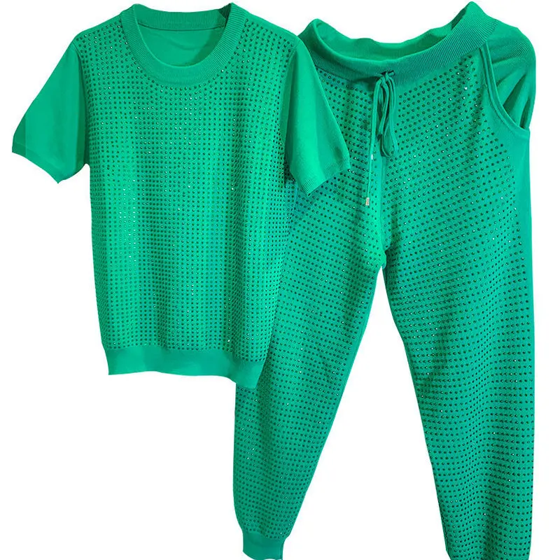 European station summer new loose ice silk fashion suit rhinestone solid color short sleeve shirt trousers two-piece suit
European station summer new loose ice silk fashion suit rhinestone solid color short sleeve shirt trousers two-piece suit