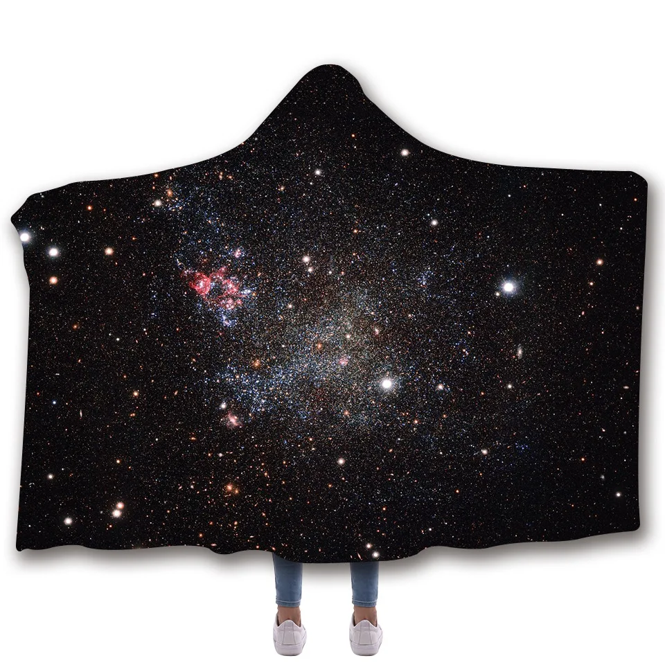 

New Universe Starry Sky Printed Hooded Blanket for Adults Kids Sherpa Fleece Galaxy Wearable Throw Blankets on The Sofa