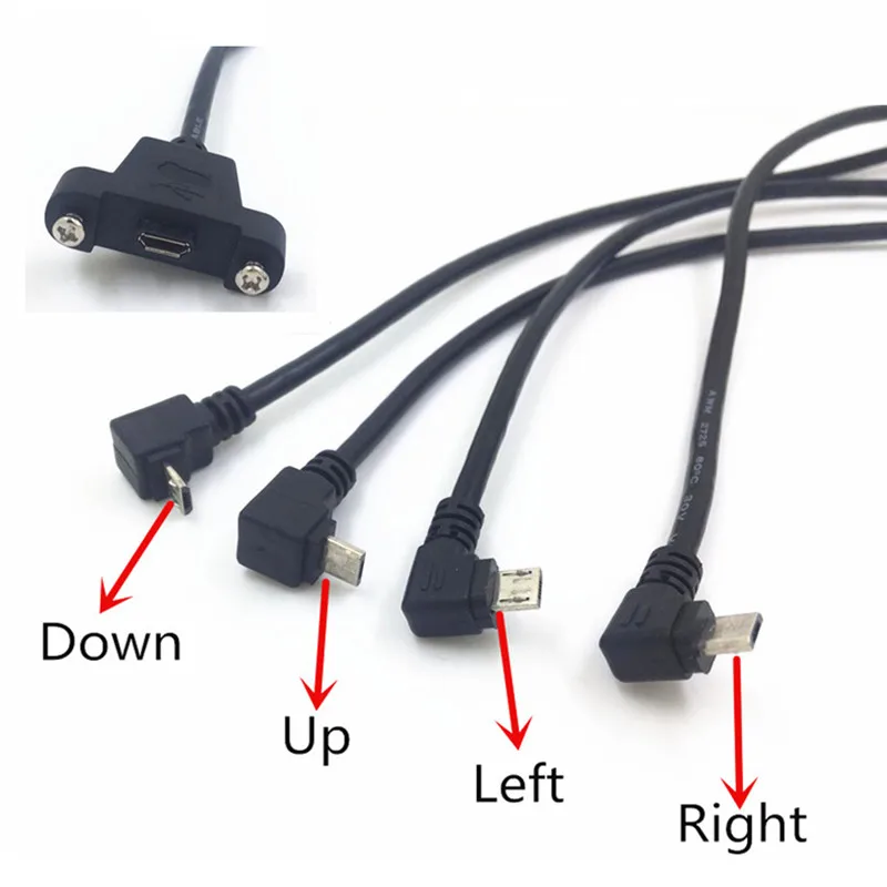 

Micro USB Up & Down & Left & Right 90 Degree Angled Male to Female Extension Cable 5Pin With screws Panel Mount Hole 0.3m/30cm