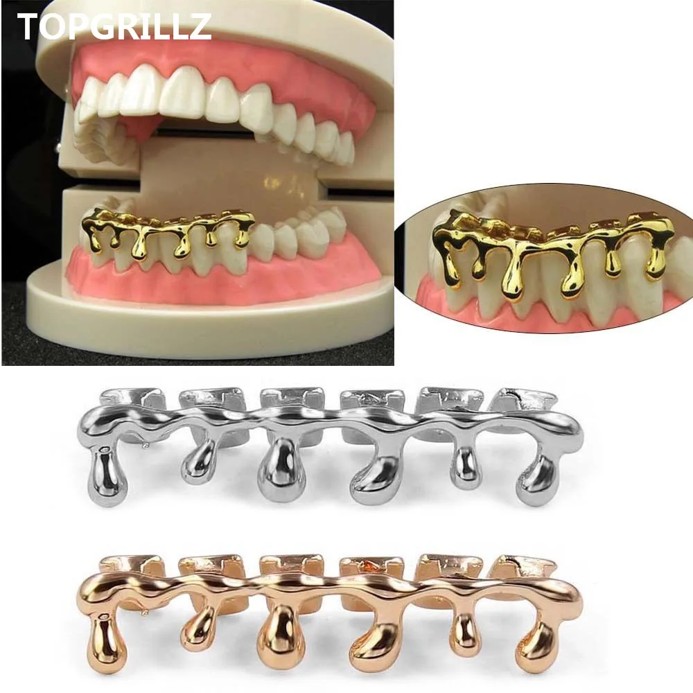 

TOPGRILLZ Custom Fit Light Yellow Gold Color Rose Plated Hip Hop Teeth Drip Grillz Caps Lower Bottom Grill Silver Grills