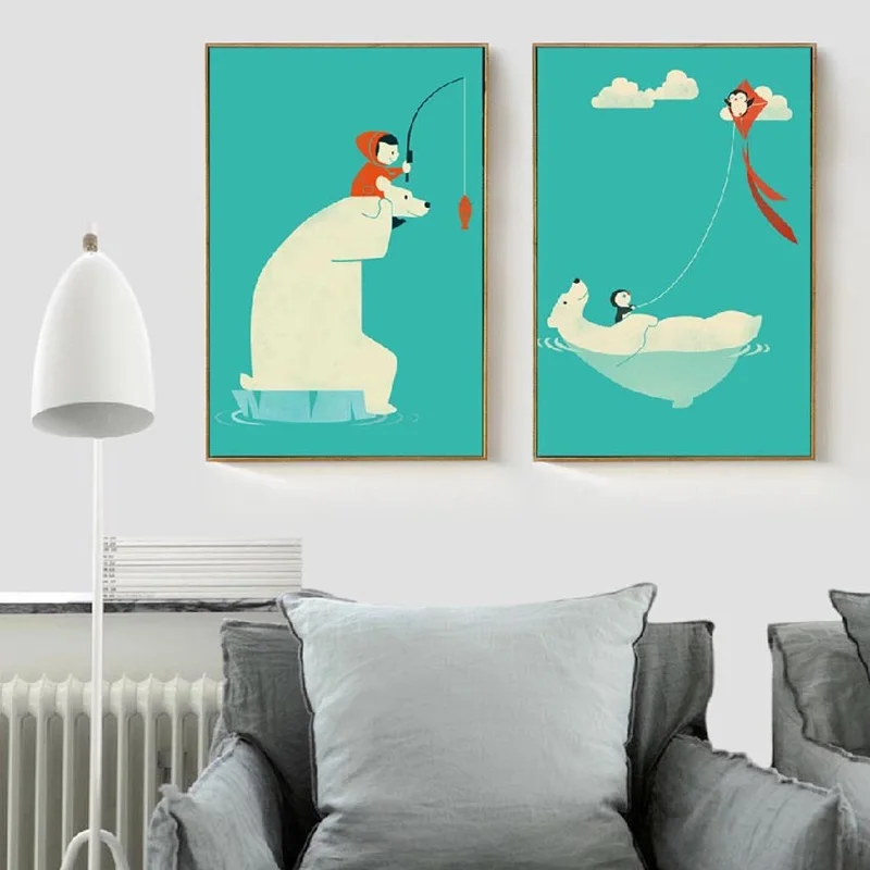 

Modern Cute Cartoon White Polar Bear Fishing And Kite Poster Home Wall Art Print Canvas Painting Bedroom Aisle Decoration Custom