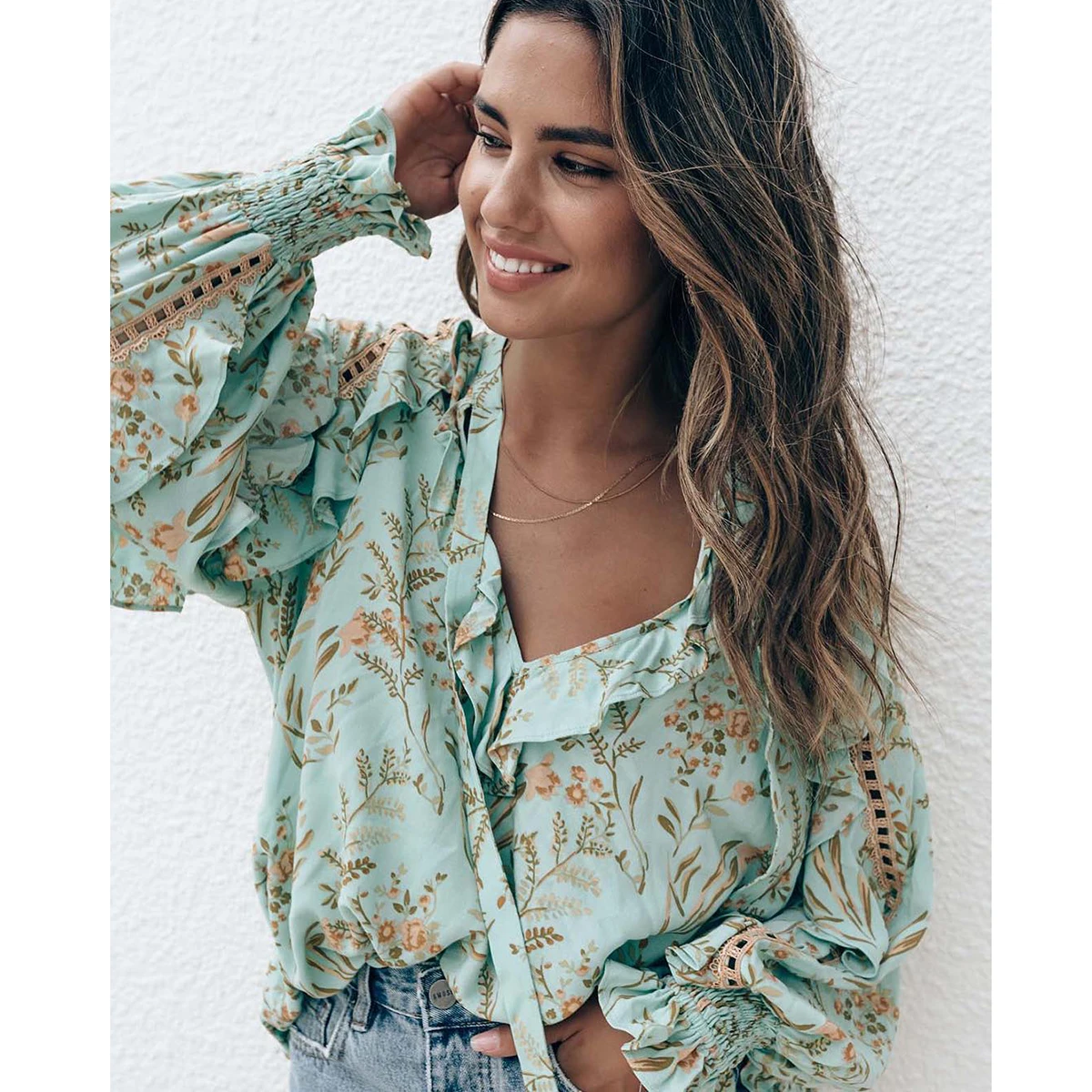 Jastie Turquoise Floral Print Blouse V-Neck Ruffle Sleeve Boho Shirt Top Casual Beach Women Shirts Blouses Blusa Summer Tops
Jastie Turquoise Floral Print Blouse V-Neck Ruffle Sleeve Boho Shirt Top Casual Beach Women Shirts Blouses Blusa Summer Tops