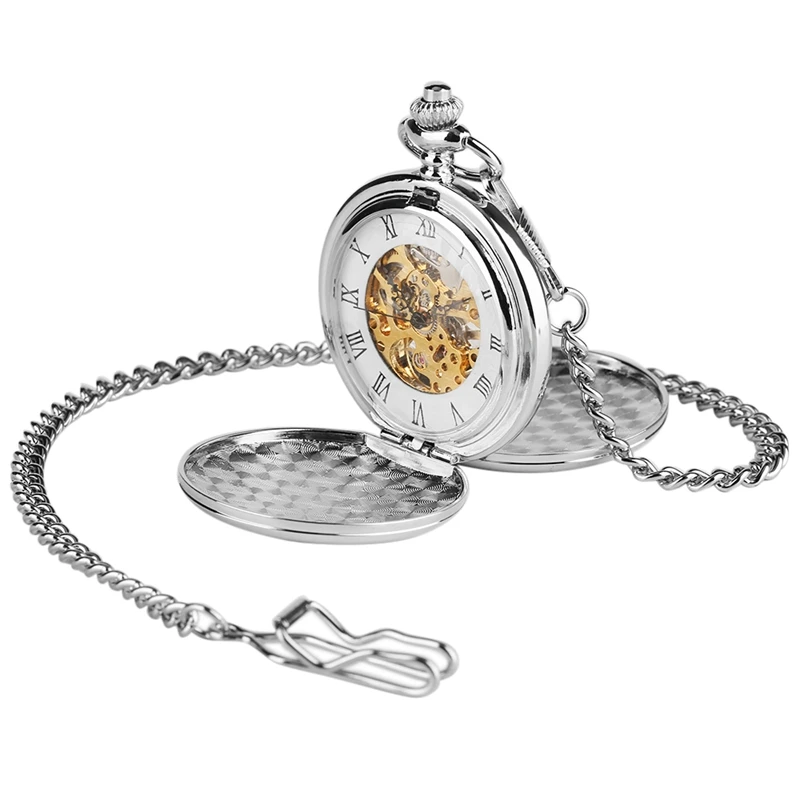 2018 New Arrival Smooth Design Double Full Hunter Skeleton Mechanical Pocket Watch for Men Steampunk Silver Hand Winding Watches (1)