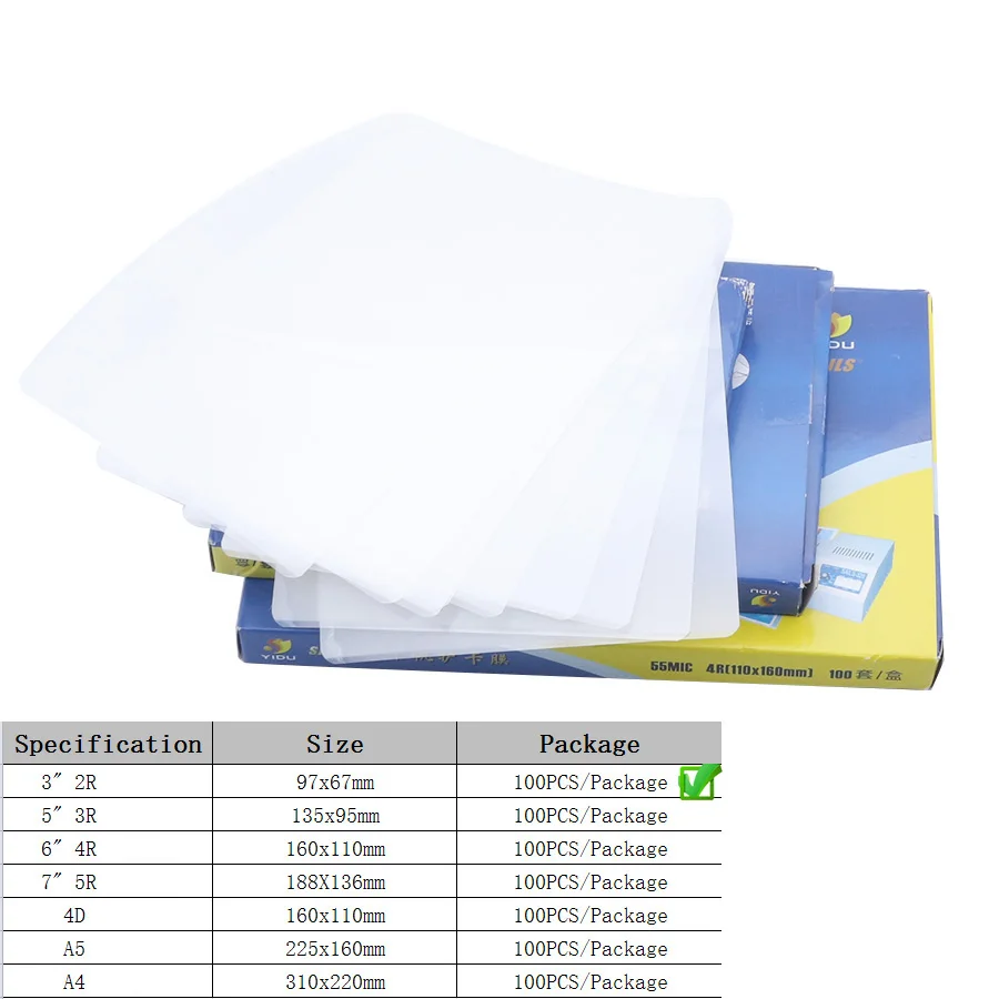 100PCS/lot hot pouch laminator film 2R 3"(67x97mm) size 55mic photo documents PET laminator film
100PCS/lot hot pouch laminator film 2R 3"(67x97mm) size 55mic photo documents PET laminator film