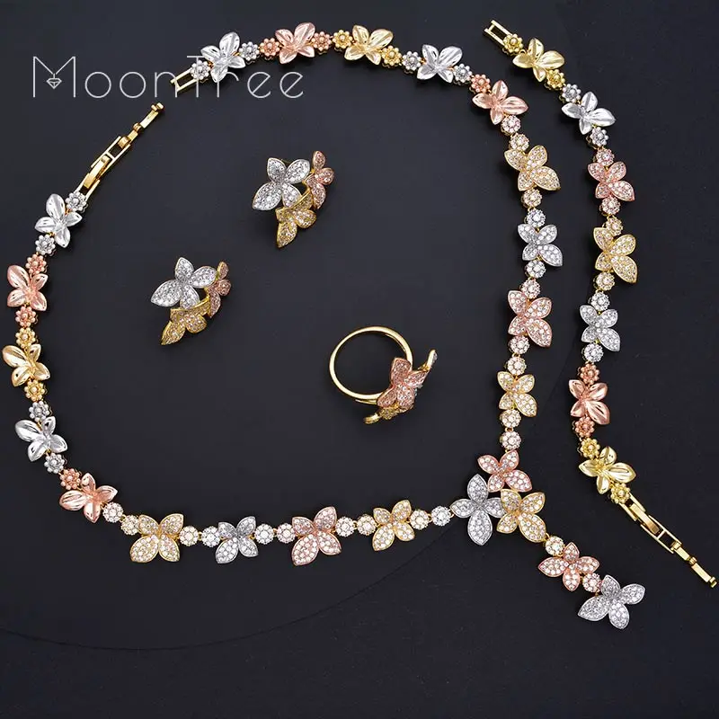 MoonTree Luxury Delicate Flower Full AAA Cubic Zirconia 3 Tone Copper Women Wedding Bridal Necklace Bracelet Earring Ring Set
MoonTree Luxury Delicate Flower Full AAA Cubic Zirconia 3 Tone Copper Women Wedding Bridal Necklace Bracelet Earring Ring Set
