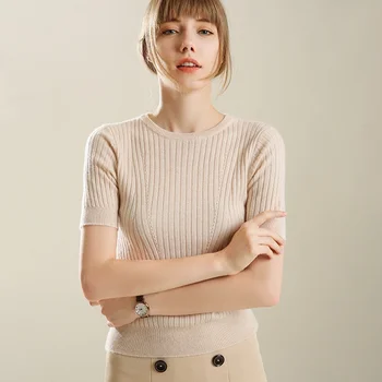 2018-19 Women's Soft Stretch Yarn O-neck Short Sleeve Knitted Pullover Slim Rib Knit Round Collar Sweater Jumper Wool T Autumn
2018-19 Women's Soft Stretch Yarn O-neck Short Sleeve Knitted Pullover Slim Rib Knit Round Collar Sweater Jumper Wool T Autumn