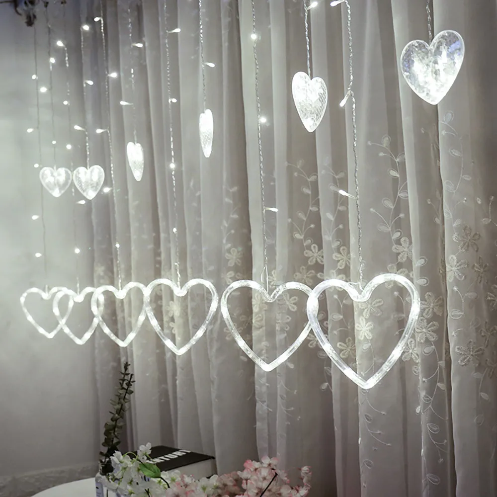 Фото LED Heart-shaped Curtain String Light Window Hanging Lights Net Xmas Home Party Decor Romantic Decoraion Lamps 3.29 | Дом и сад