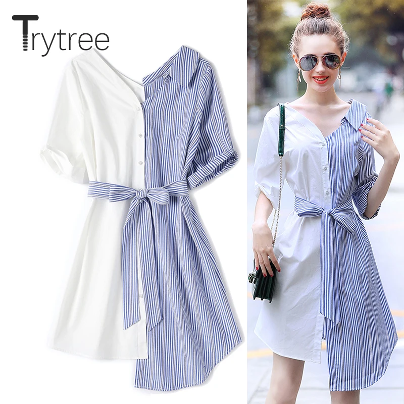 Trytree Summer Autumn Cotton Dress Women Casual Pinstripe 2018 shirt Half Sleeve Pink white A-Line Asymmetry Dress Blue dress
Trytree Summer Autumn Cotton Dress Women Casual Pinstripe 2018 shirt Half Sleeve Pink white A-Line Asymmetry Dress Blue dress