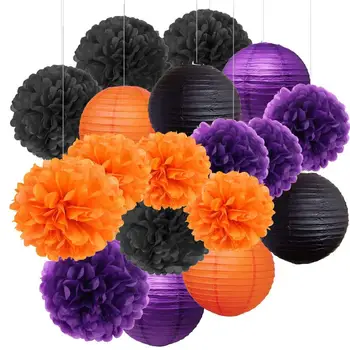 Hanging Halloween party supplies set orange purple black Paper Lanterns Pom Poms
Hanging Halloween party supplies set orange purple black Paper Lanterns Pom Poms