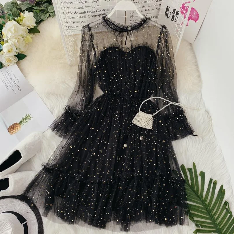 Sping and Summer Women Flare Sleeve High Waist Belt Loose Sweet A-line Net Mesh Dress
Sping and Summer Women Flare Sleeve High Waist Belt Loose Sweet A-line Net Mesh Dress