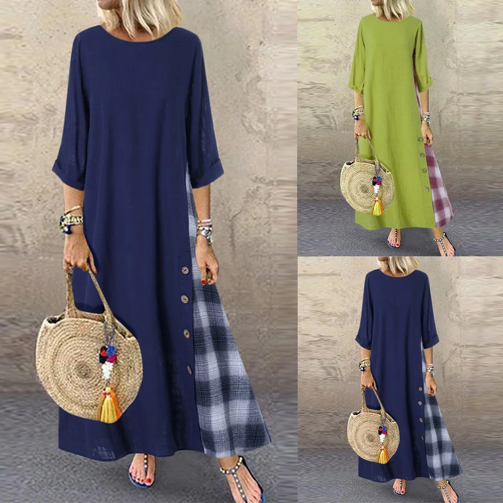 Plus Size Women Vintage Patchwork Solid 3/4 Sleeves O-Neck Dress Bohemian Button High Low Hem Sexy Summer Women Beach Dress
Plus Size Women Vintage Patchwork Solid 3/4 Sleeves O-Neck Dress Bohemian Button High Low Hem Sexy Summer Women Beach Dress
